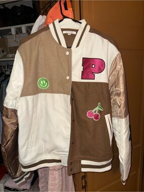 Pacsun women’s Brown & White Varsity Jacket with Pink 'P' and Cherry Patches